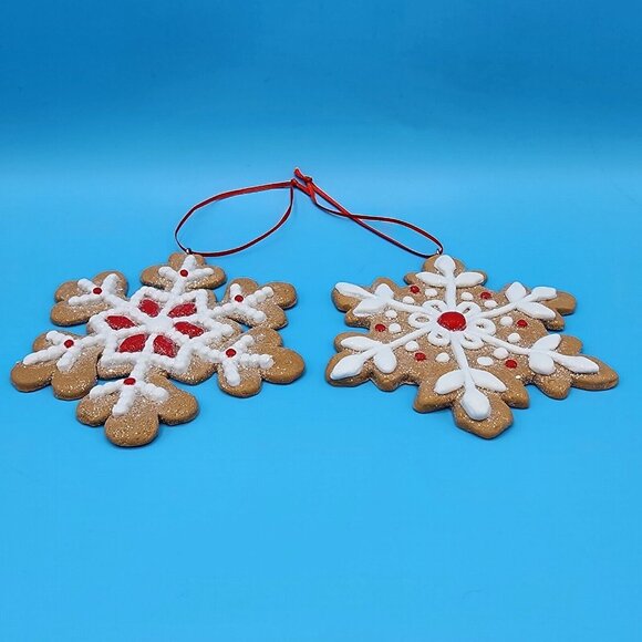 Gingerbread Snowflake Faux Frosted Cookie Ornaments Set Of 2 Fake Bake [v1 - Picture 6 of 7